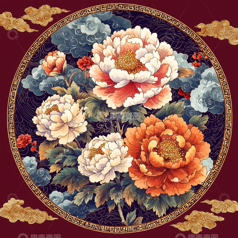 高清大图下载【趣麦麦图】国风牡丹花卉圆形背景