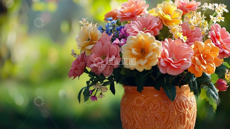 高清大图下载【趣麦麦图】多彩鲜花花束陶罐