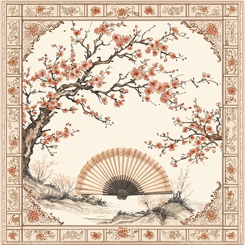 高清大图下载【趣麦麦图】水墨风格的桃花扇面