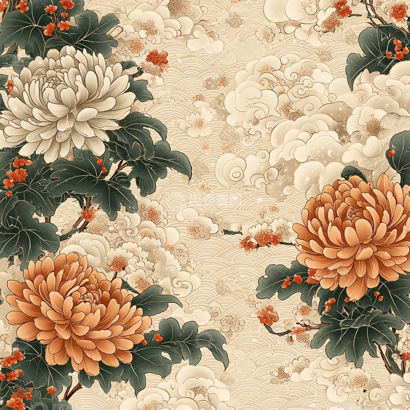 高清大图下载【趣麦麦图】国风写意菊花花卉祥云