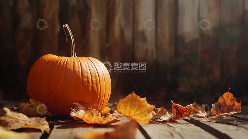 高清大图下载【趣麦麦图】木质背景下南瓜和秋叶