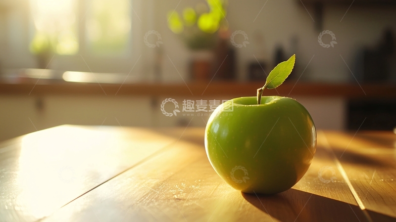 高清大图下载【趣麦麦图】阳光下木桌上青苹果