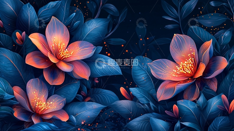 高清大图下载【趣麦麦图】深蓝背景下梦幻花朵