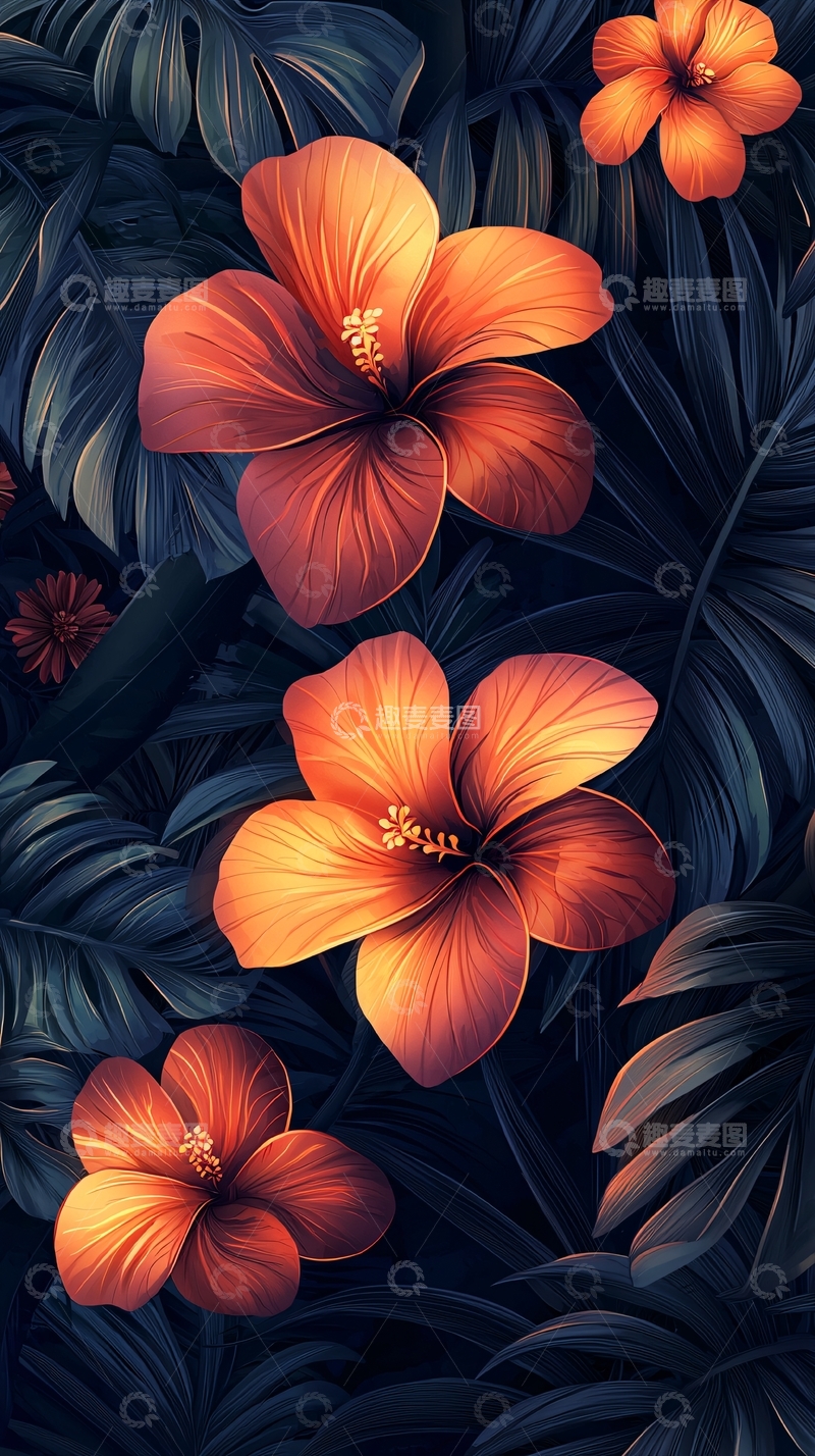 高清大图下载【趣麦麦图】橙色扶桑花热带叶片背景