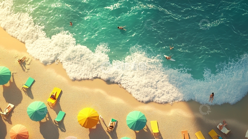 高清大图下载【趣麦麦图】俯瞰沙滩海浪彩色遮阳伞
