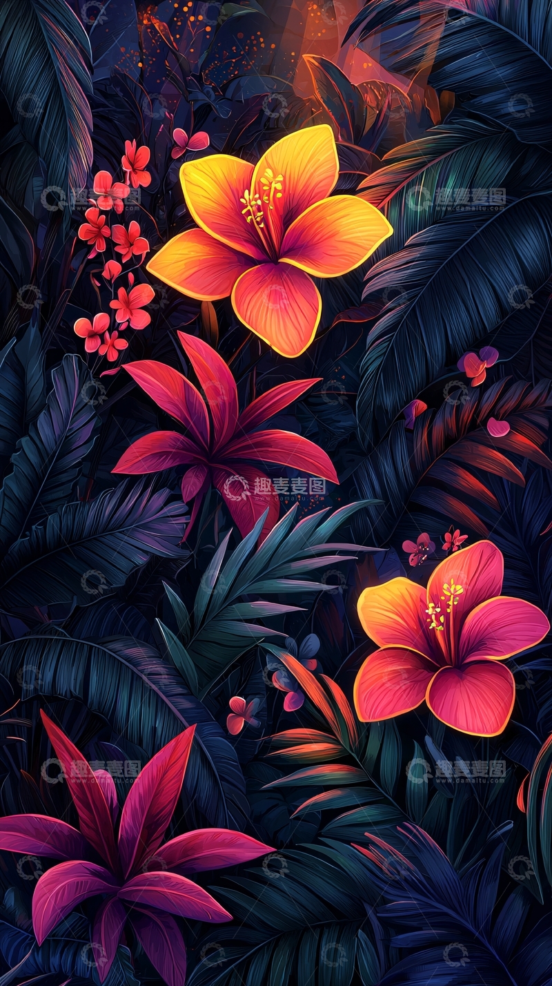 高清大图下载【趣麦麦图】-热带花卉植物暗色系