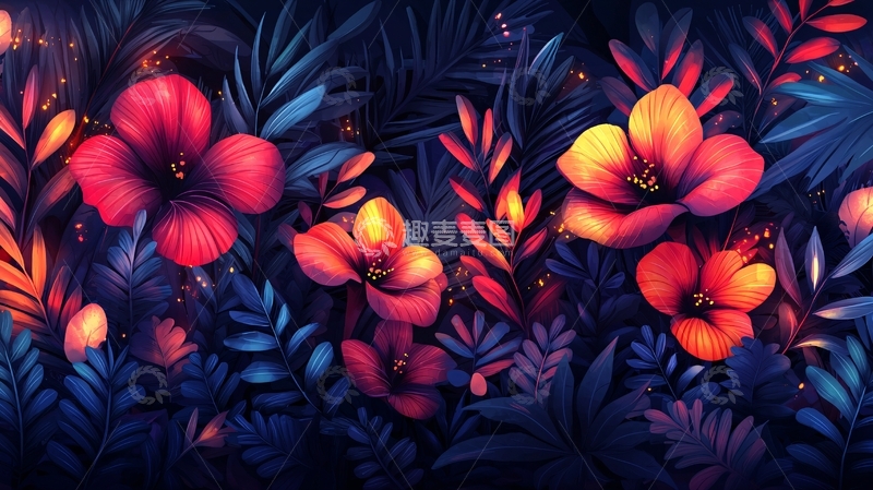 高清大图下载【趣麦麦图】热带花卉与深色叶子