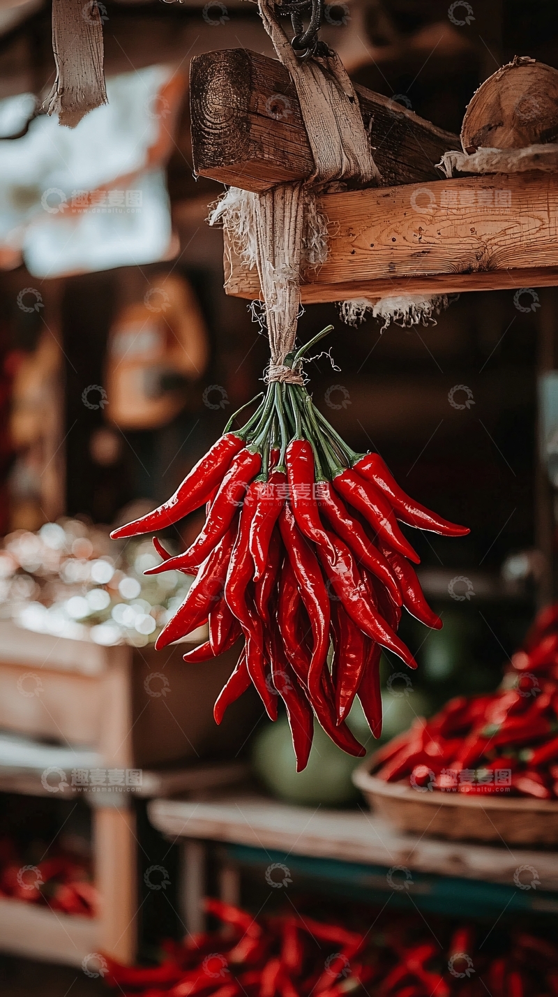 高清大图下载【趣麦麦图】红辣椒捆扎在木质货架上