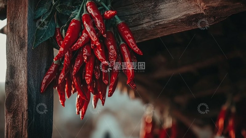 高清大图下载【趣麦麦图】红辣椒串挂在木梁上