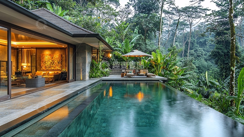 高清大图下载【趣麦麦图】森林中的度假别墅泳池