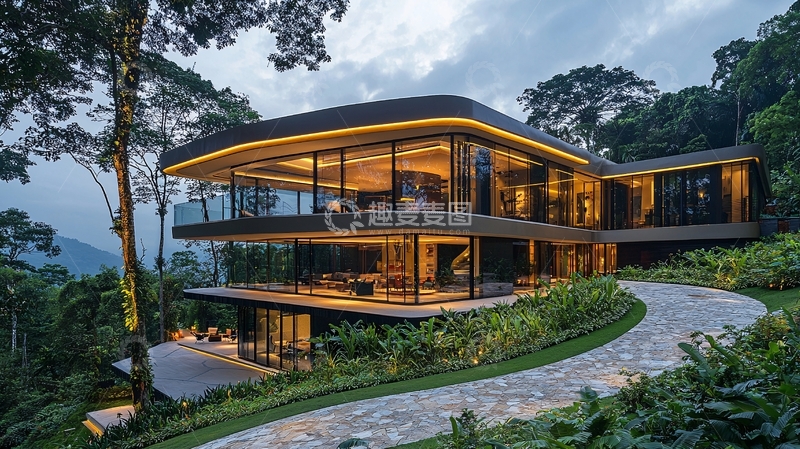 高清大图下载【趣麦麦图】森林中的现代玻璃别墅