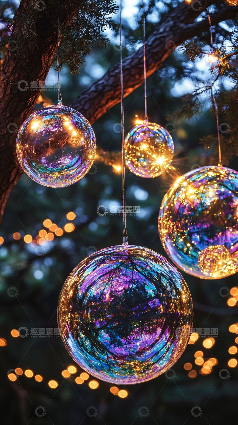 高清大图下载【趣麦麦图】树上挂着彩色玻璃球灯