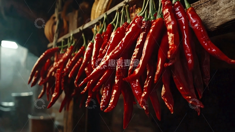 高清大图下载【趣麦麦图】红辣椒串挂在木架上