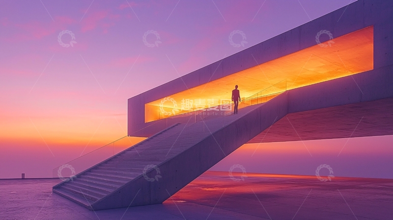 高清大图下载【趣麦麦图】孤独的人站在楼梯顶端看日落