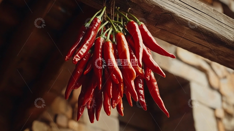 高清大图下载【趣麦麦图】红辣椒串挂在木梁上