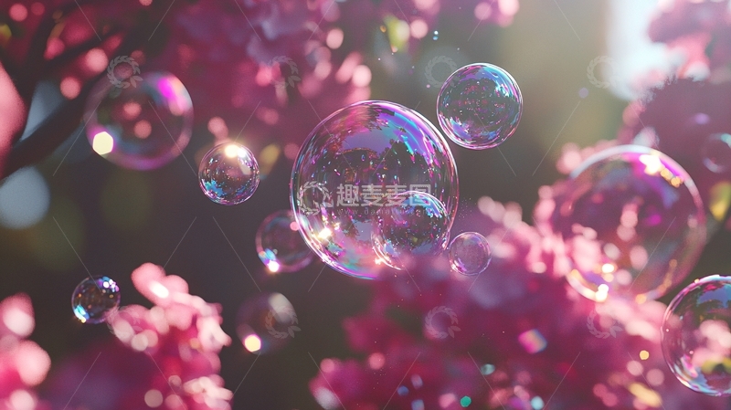 高清大图下载【趣麦麦图】粉色花丛中飞舞的泡泡