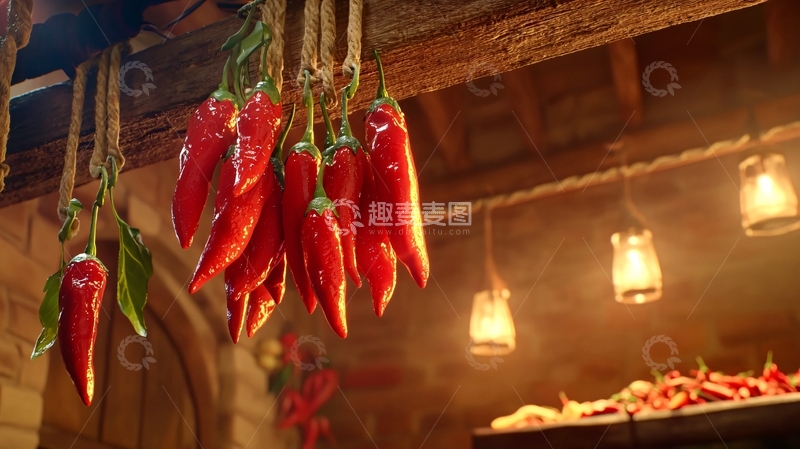 高清大图下载【趣麦麦图】红辣椒串吊挂在木梁下