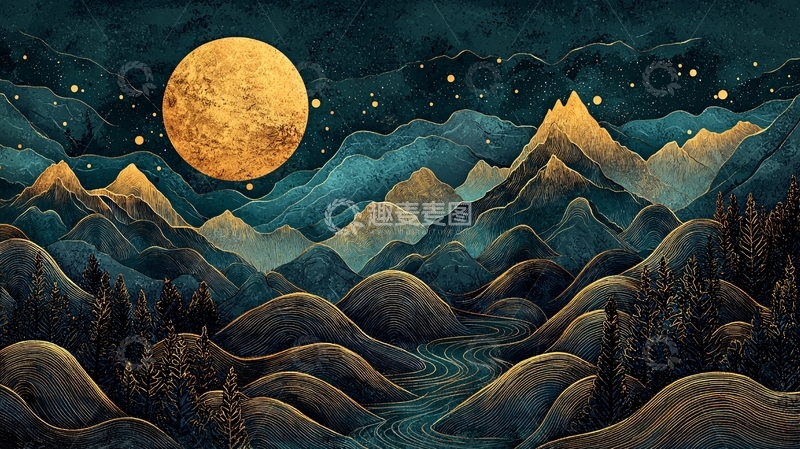 高清大图下载【趣麦麦图】金色月亮山脉夜景