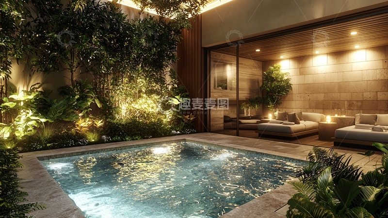高清大图下载【趣麦麦图】庭院泳池夜景氛围灯