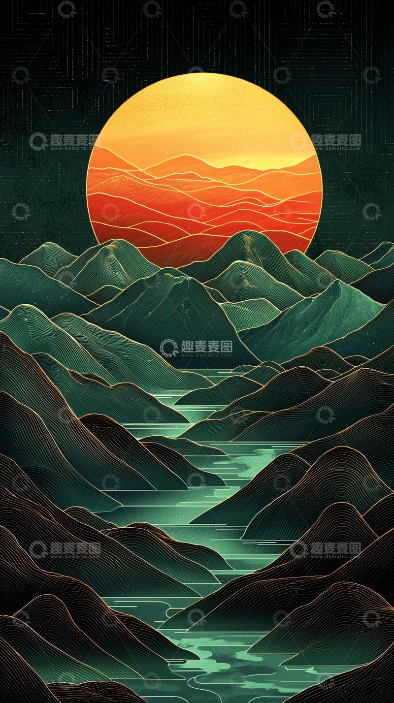 高清大图下载【趣麦麦图】山水日出静谧图