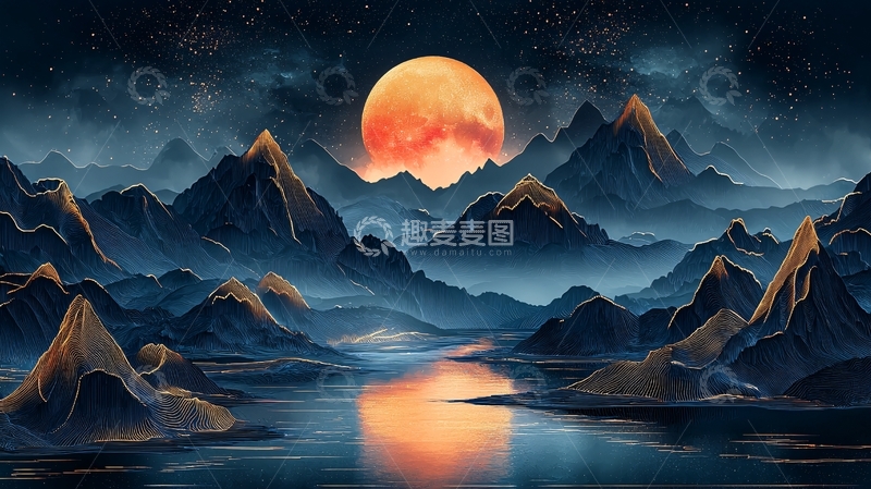 高清大图下载【趣麦麦图】月亮照亮山水夜景