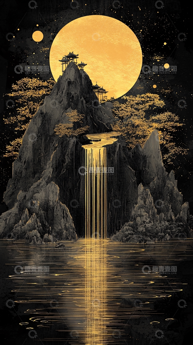 高清大图下载【趣麦麦图】月亮下的山顶凉亭瀑布