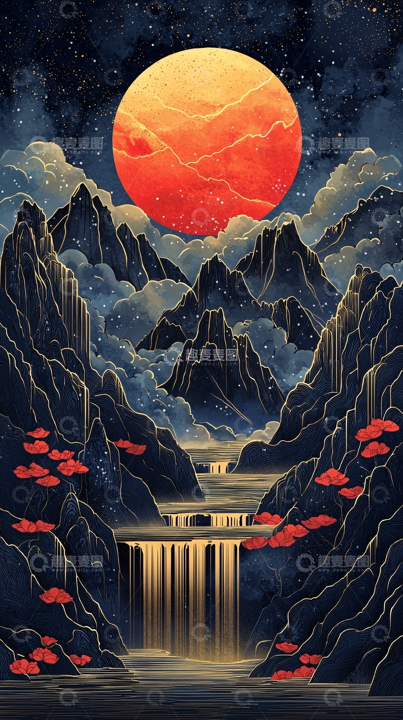 高清大图下载【趣麦麦图】国风山水月夜图