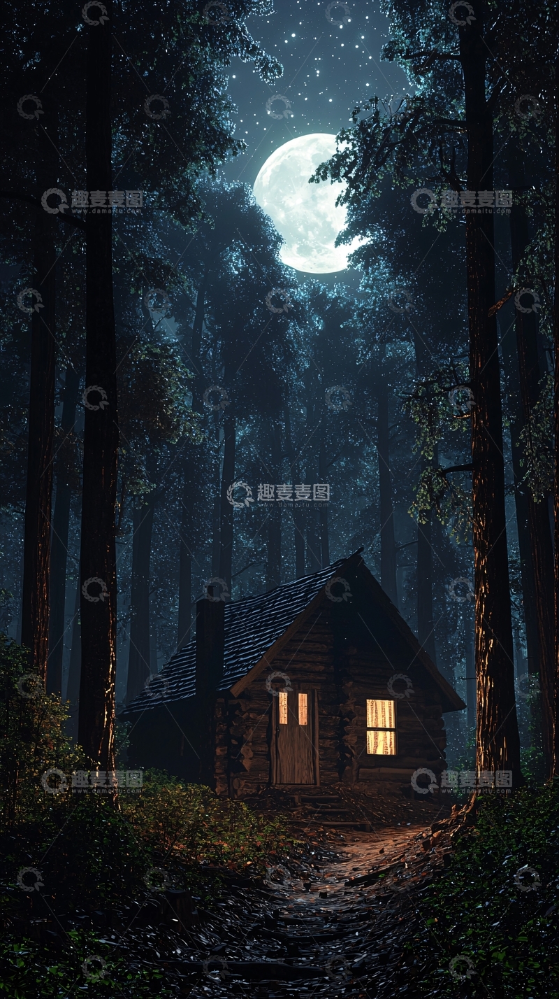 高清大图下载【趣麦麦图】月光下的森林小屋