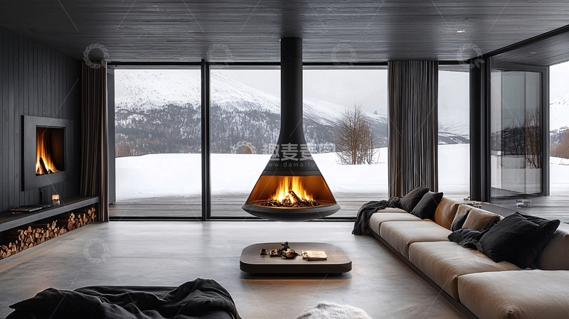 高清大图下载【趣麦麦图】极简客厅壁炉雪山