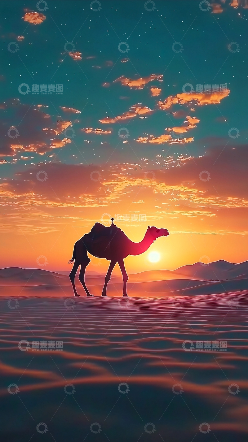 高清大图下载【趣麦麦图】沙漠落日骆驼剪影