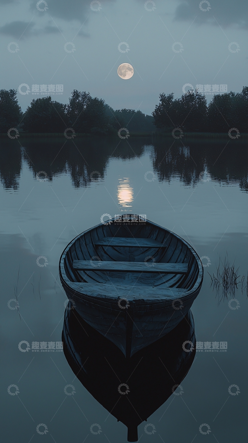 高清大图下载【趣麦麦图】月光下的平静湖面独木舟