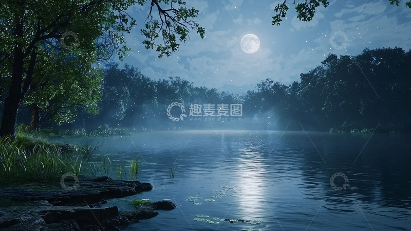 高清大图下载【趣麦麦图】月夜湖边森林景色