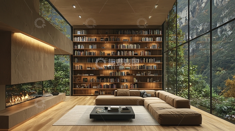 高清大图下载【趣麦麦图】豪华图书馆客厅