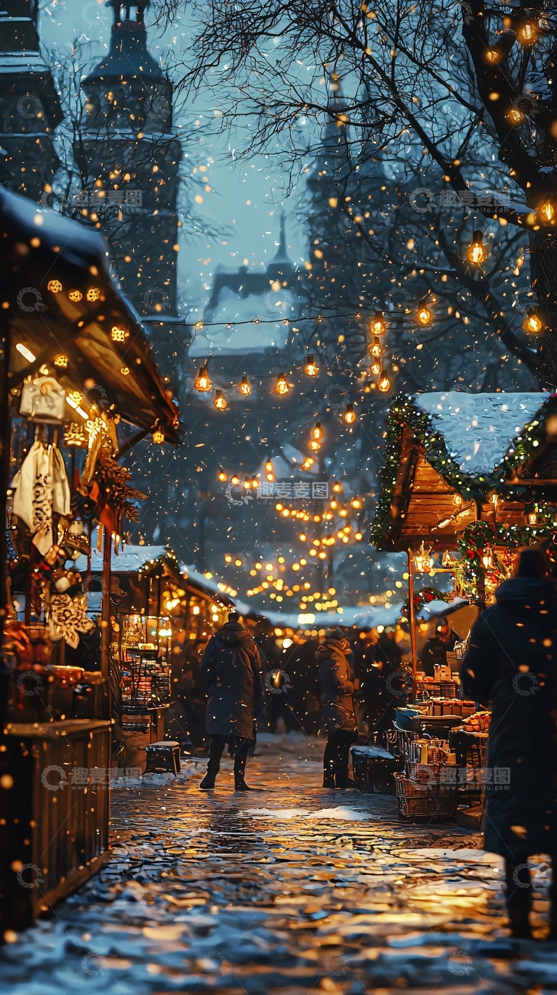 高清大图下载【趣麦麦图】下雪的圣诞集市
