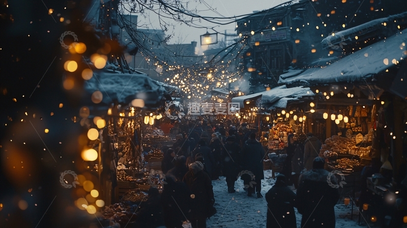 高清大图下载【趣麦麦图】雪夜集市灯光璀璨