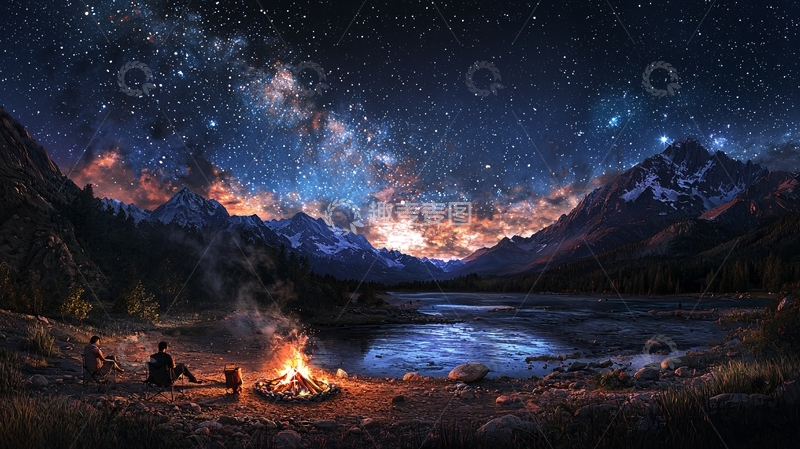 高清大图下载【趣麦麦图】星空篝火湖边夜色