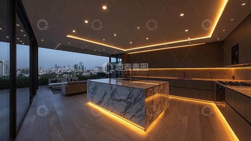 高清大图下载【趣麦麦图】豪华现代厨房夜景