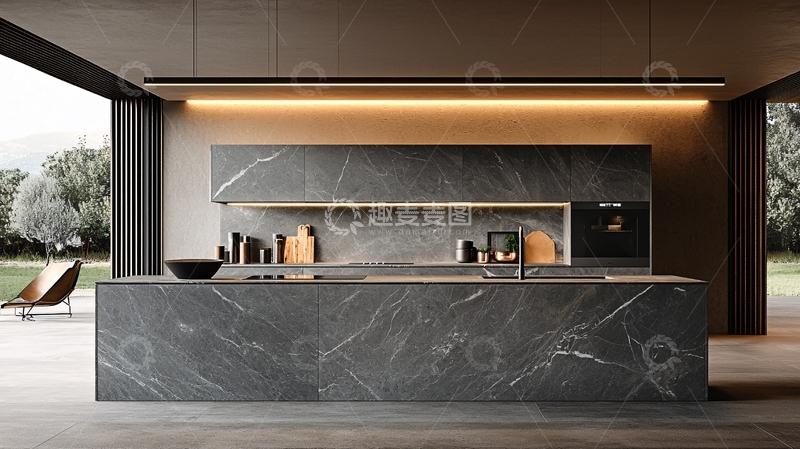 高清大图下载【趣麦麦图】灰色大理石厨房岛台