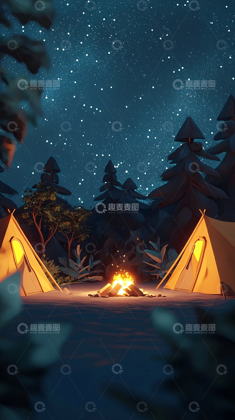 高清大图下载【趣麦麦图】星空下雪地篝火帐篷