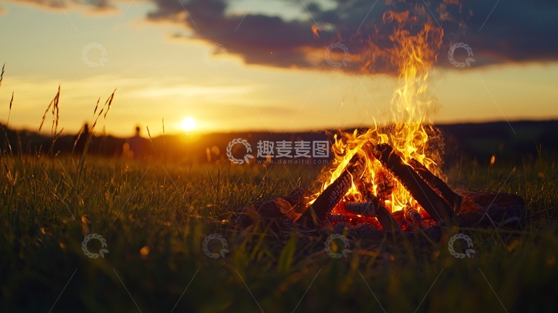 高清大图下载【趣麦麦图】日落篝火草原风景