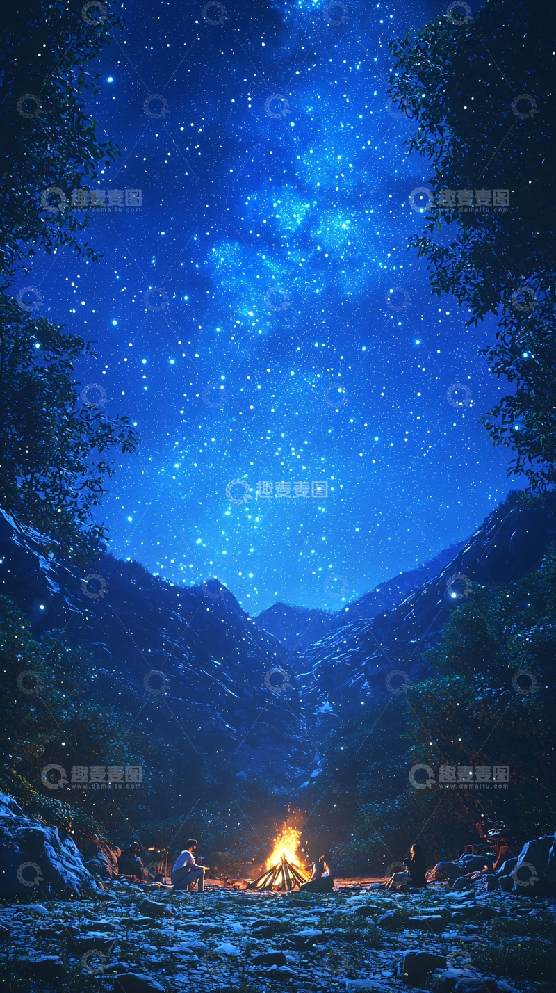 高清大图下载【趣麦麦图】星空篝火夜间山谷