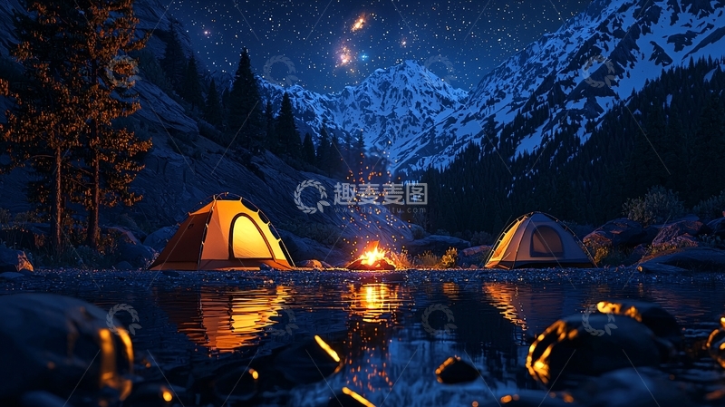 高清大图下载【趣麦麦图】雪山星空营地夜景