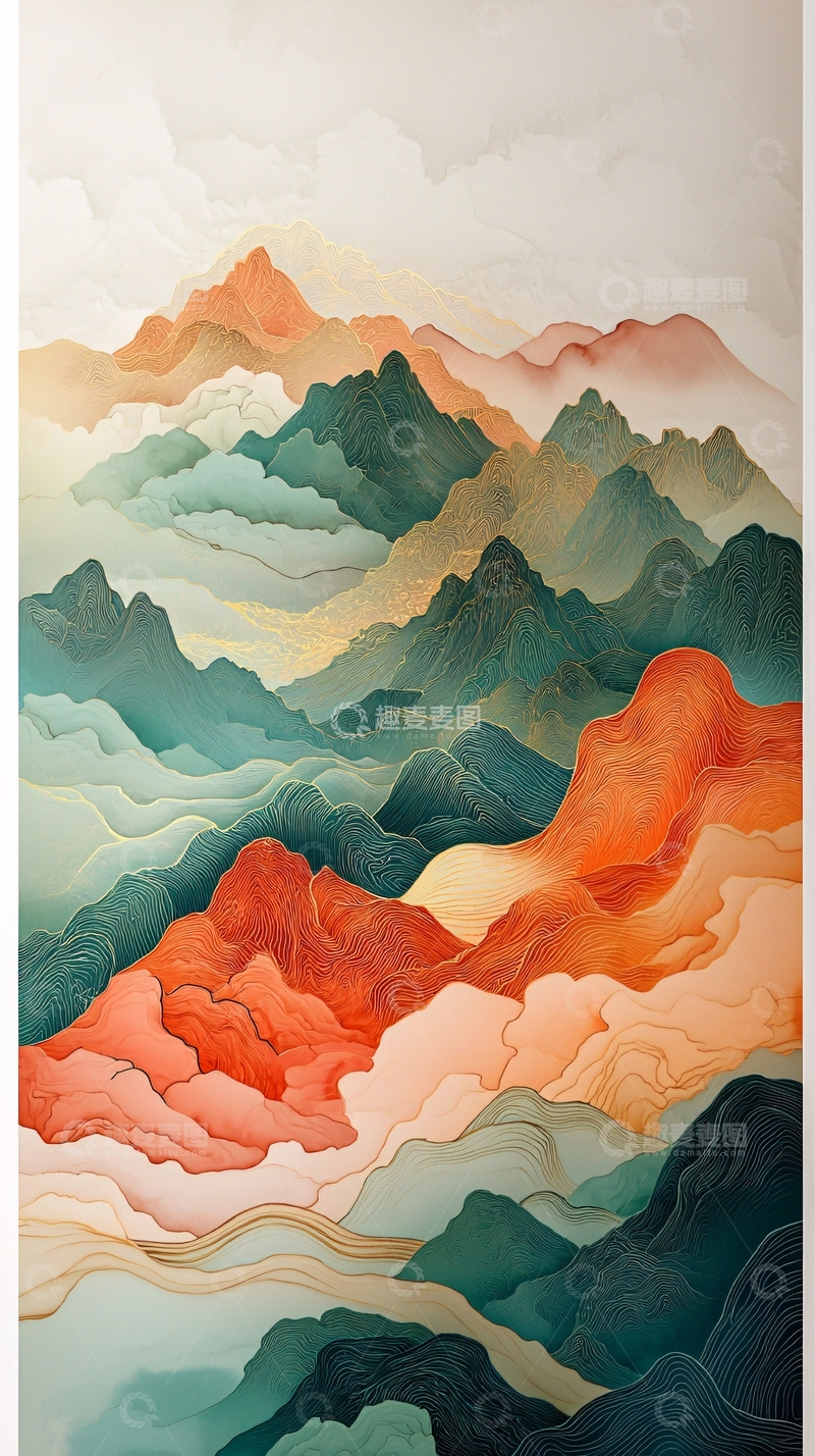 高清大图下载【趣麦麦图】国风水彩山峦