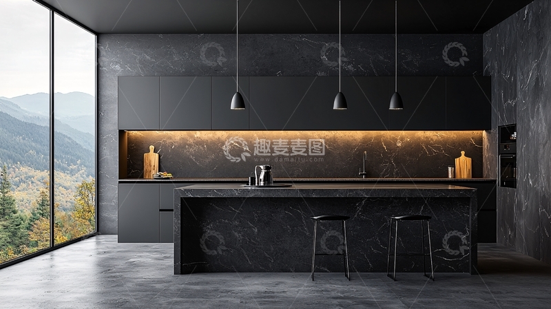 高清大图下载【趣麦麦图】极简黑色现代厨房