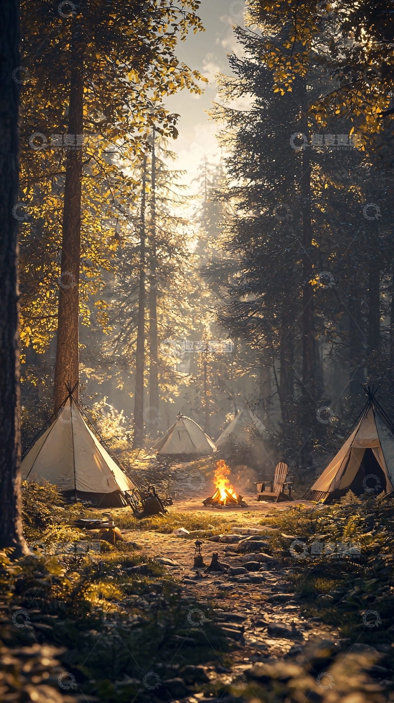 高清大图下载【趣麦麦图】森林营地篝火晚会