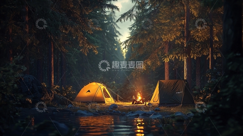 高清大图下载【趣麦麦图】森林营地篝火晚会