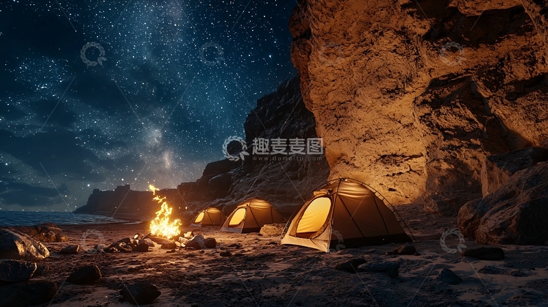 高清大图下载【趣麦麦图】星空下岩石海滩露营