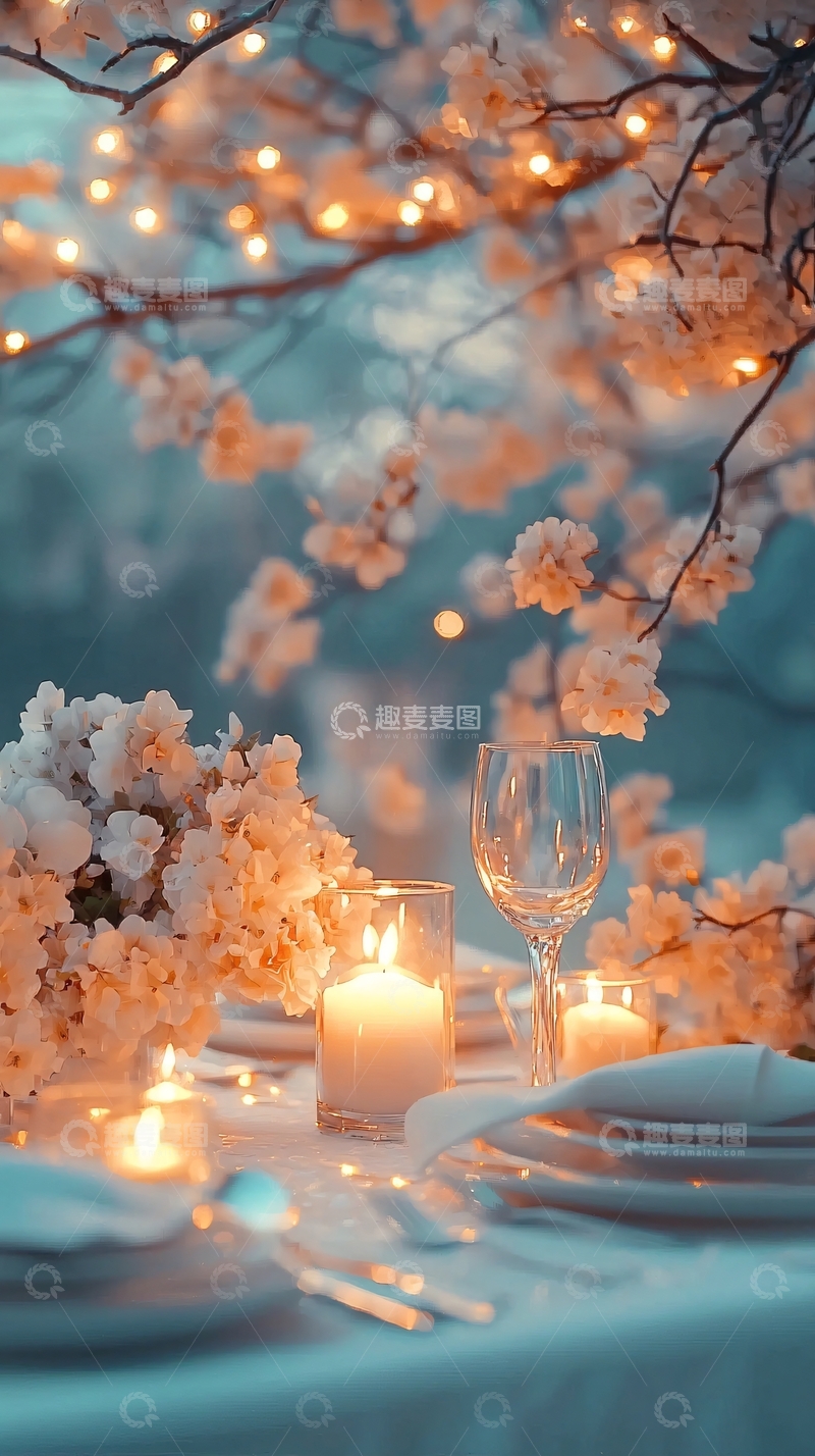 高清大图下载【趣麦麦图】浪漫樱花树下烛光晚餐