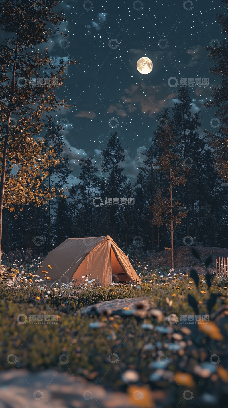 高清大图下载【趣麦麦图】月光下的森林帐篷