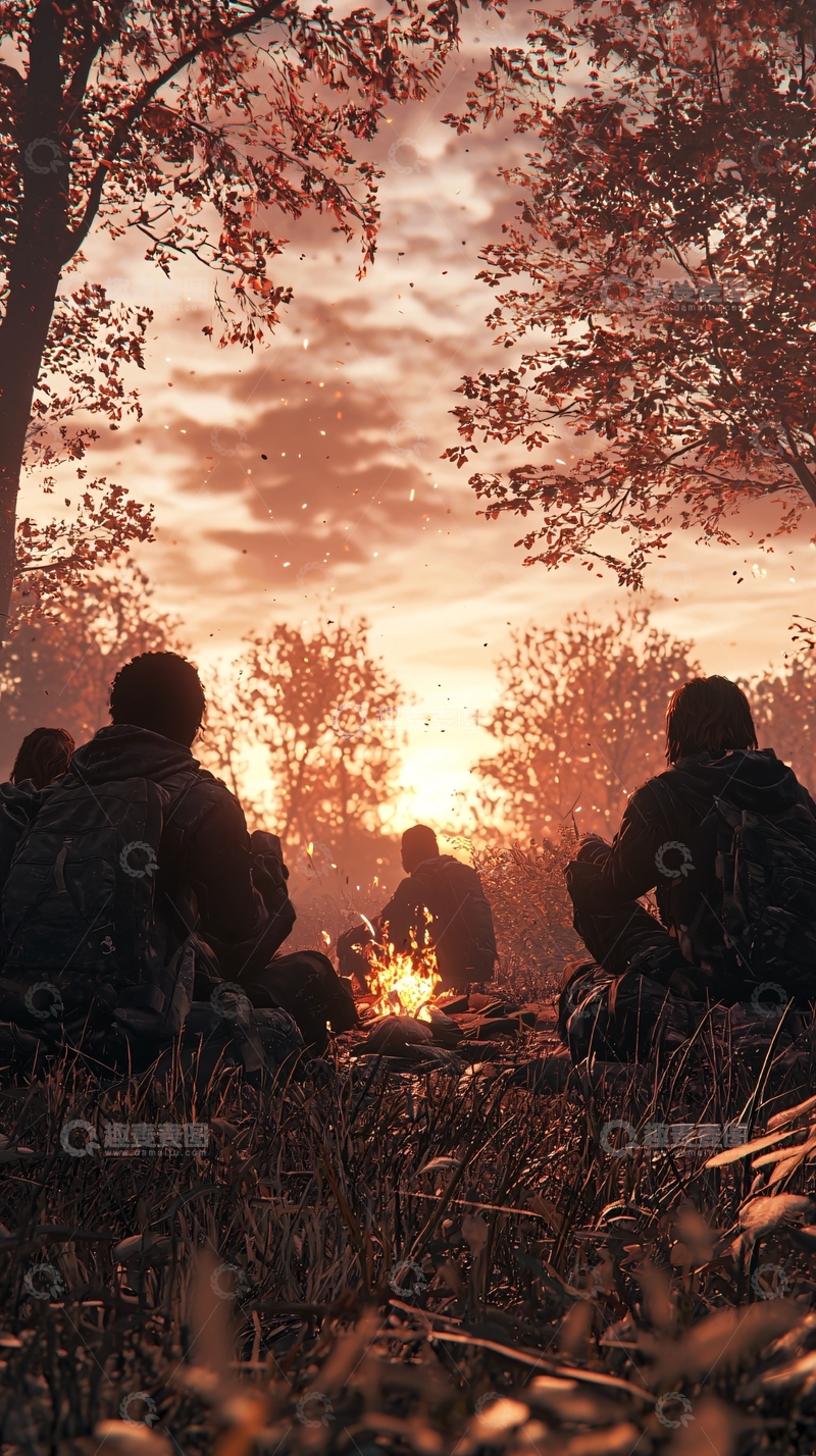 高清大图下载【趣麦麦图】落日余晖篝火晚会
